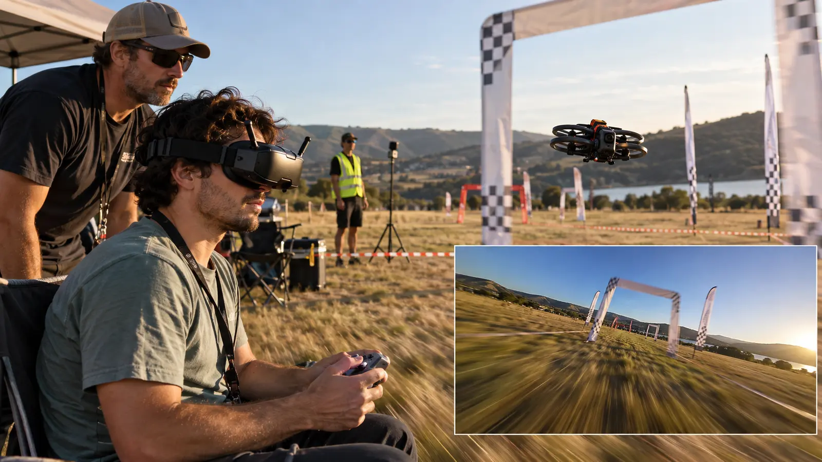 Piloto em voo FPV acompanhado, com visualização da imagem transmitida pelo drone