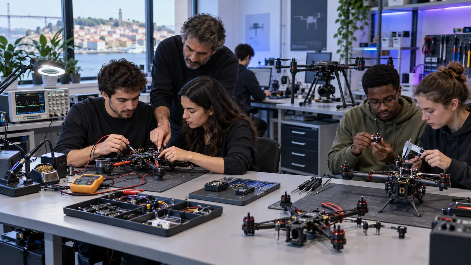 Alunos a montar e diagnosticar drones numa aula prática de laboratório