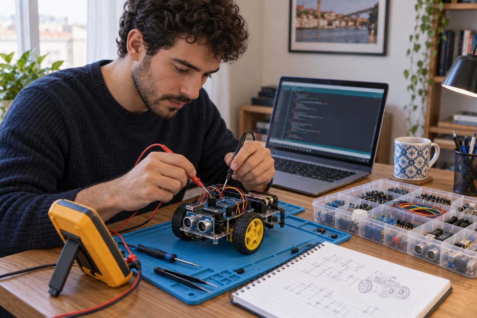 Aluno a montar e testar um robô com instrumentos de medição