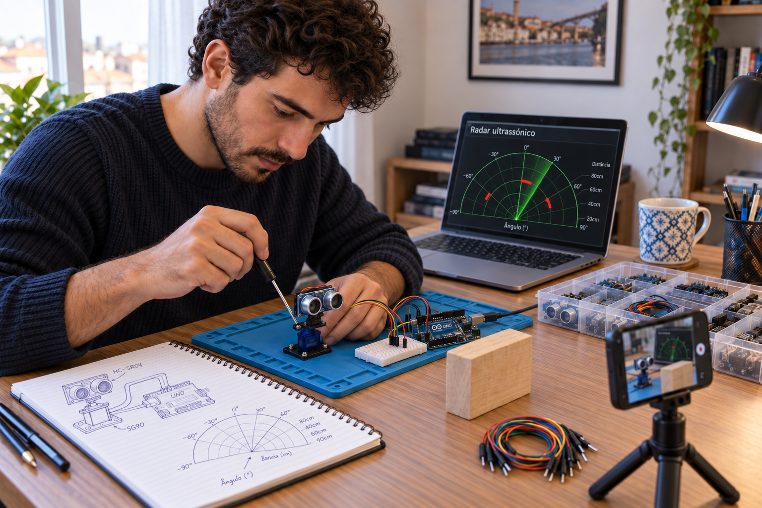 Aluno a montar um radar ultrassónico com Arduino, com o varrimento e os obstáculos apresentados no computador